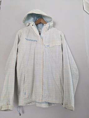 Helly Hansen Coat Womens Hooded Spring Size Large Rain Jacket Mesh White Blue